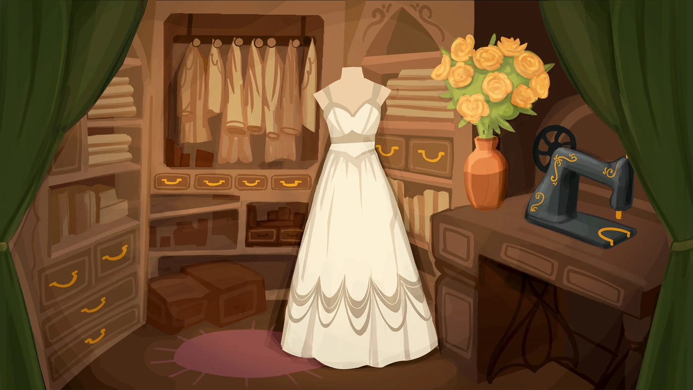 Soft pink and cream sewing atelier mood art for Dressmaker